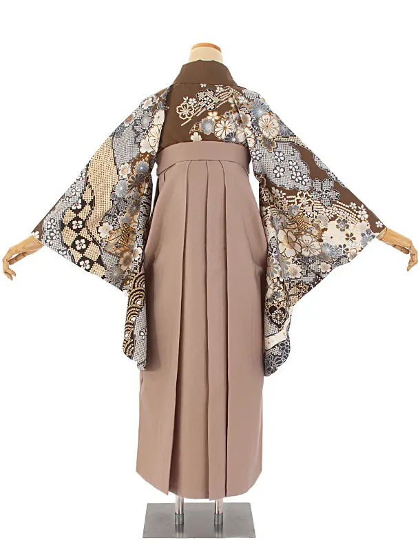 卒業式袴 D0041 絵羽 カーキ  桜×ベージュ無地袴