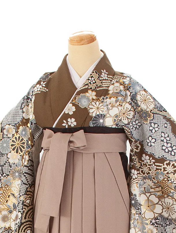 卒業式袴 D0041 絵羽 カーキ  桜×ベージュ無地袴