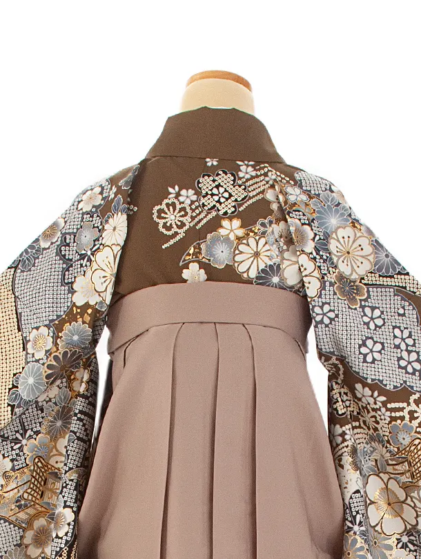 卒業式袴 D0041 絵羽 カーキ  桜×ベージュ無地袴