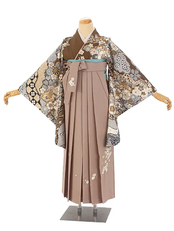 卒業式袴 D0042 絵羽 カーキ  桜×ベージュ梅ししゅう袴