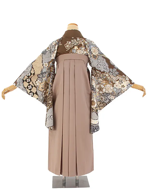 卒業式袴 D0042 絵羽 カーキ  桜×ベージュ梅ししゅう袴