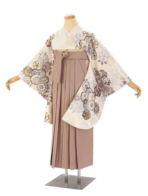 卒業式袴 D0043 絵羽 白 菊と桜着物×ベージュ無地袴
