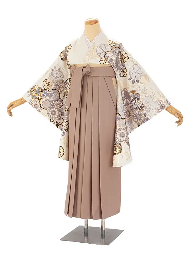 卒業式袴 D0043 絵羽 白 菊と桜着物×ベージュ無地袴