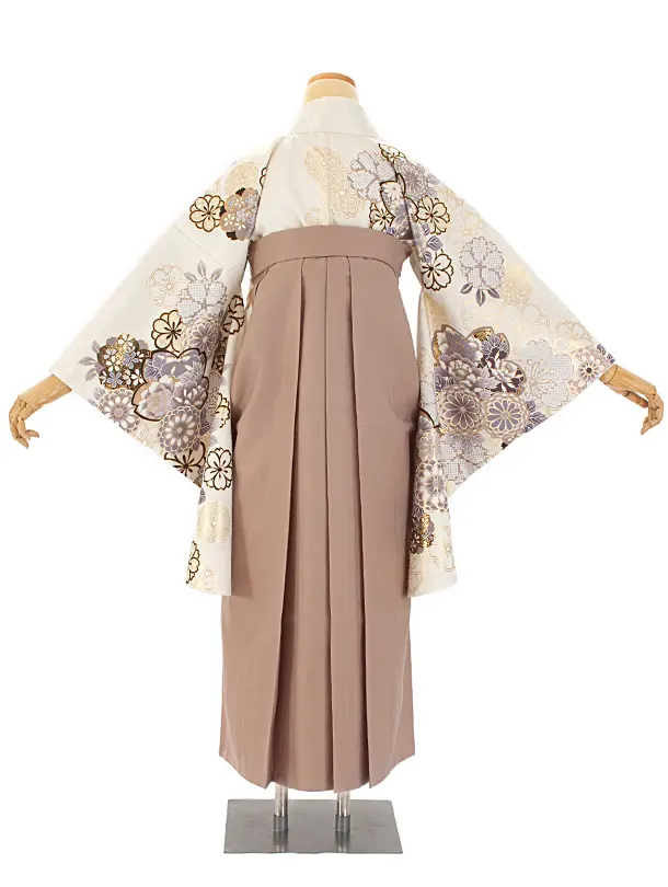 卒業式袴 D0043 絵羽 白 菊と桜着物×ベージュ無地袴