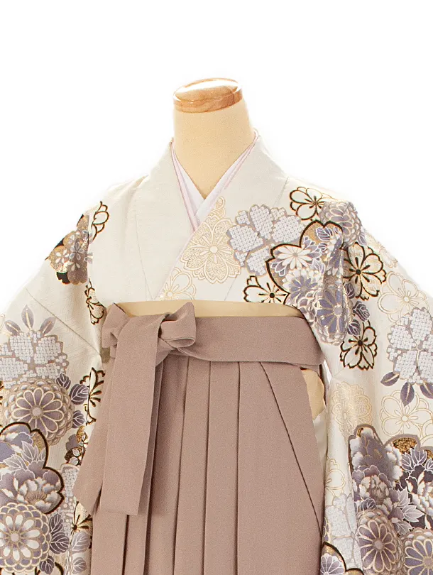 卒業式袴 D0043 絵羽 白 菊と桜着物×ベージュ無地袴