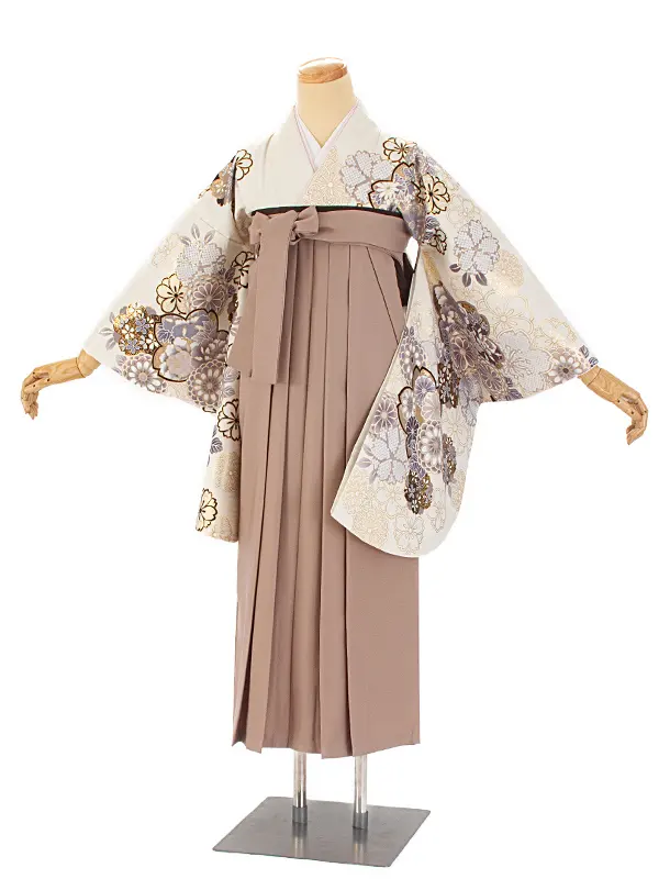 卒業式袴 D0044 絵羽 白 菊と桜着物×ベージュ無地袴