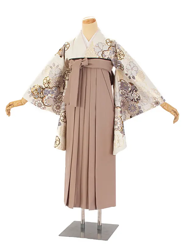 卒業式袴 D0044 絵羽 白 菊と桜着物×ベージュ無地袴