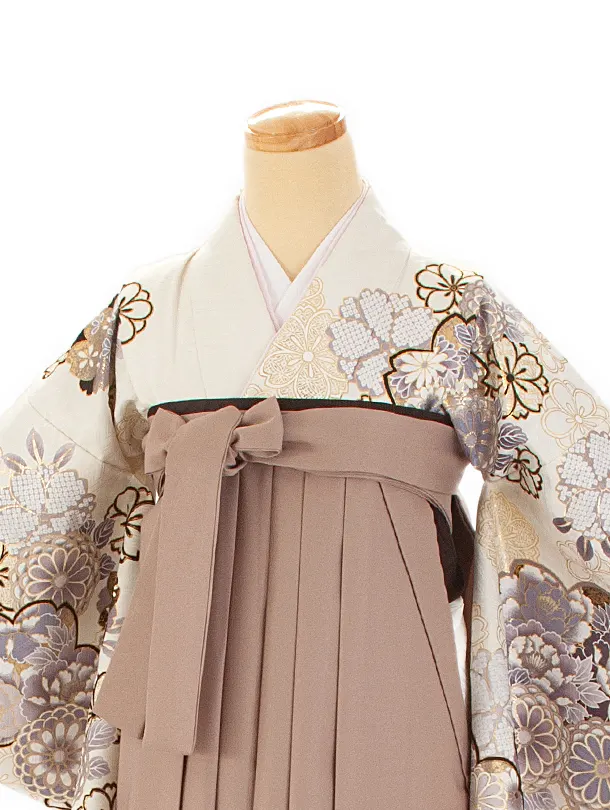 卒業式袴 D0044 絵羽 白 菊と桜着物×ベージュ無地袴
