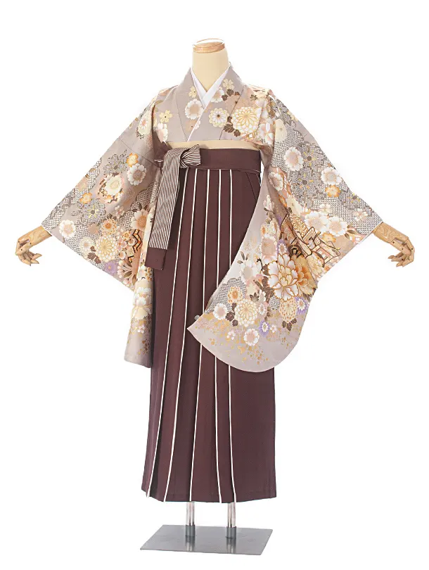 卒業式袴 D0045 絵羽 ベージュ  牡丹×ストライプこげ茶