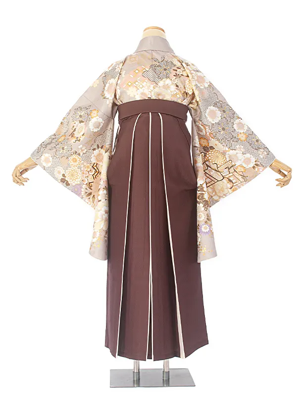 卒業式袴 D0045 絵羽 ベージュ  牡丹×ストライプこげ茶