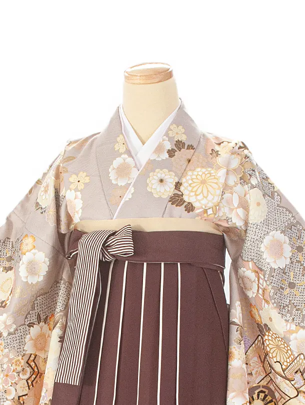 卒業式袴 D0045 絵羽 ベージュ  牡丹×ストライプこげ茶
