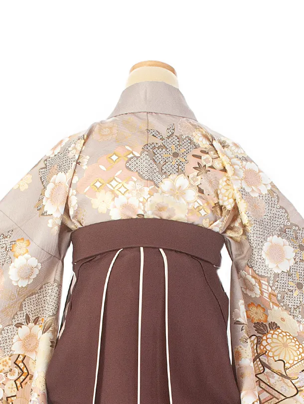 卒業式袴 D0045 絵羽 ベージュ  牡丹×ストライプこげ茶