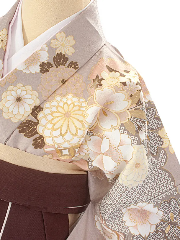 卒業式袴 D0045 絵羽 ベージュ  牡丹×ストライプこげ茶