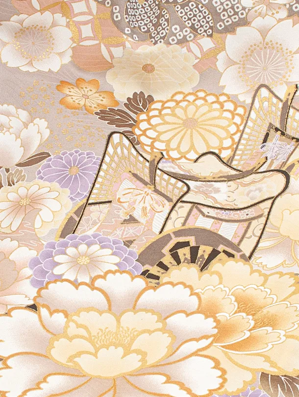 卒業式袴 D0045 絵羽 ベージュ  牡丹×ストライプこげ茶
