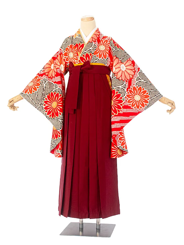 卒業式袴 D0046 赤疋田 花×エンジ袴