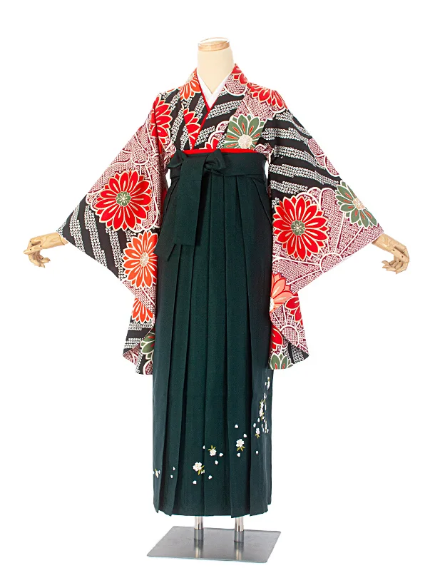 卒業式袴 D0047 黒疋田 花×濃緑袴
