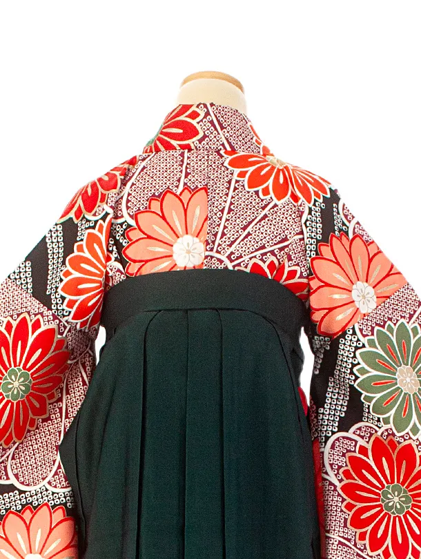 卒業式袴 D0047 黒疋田 花×濃緑袴