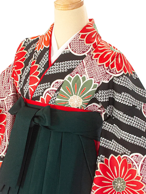 卒業式袴 D0047 黒疋田 花×濃緑袴