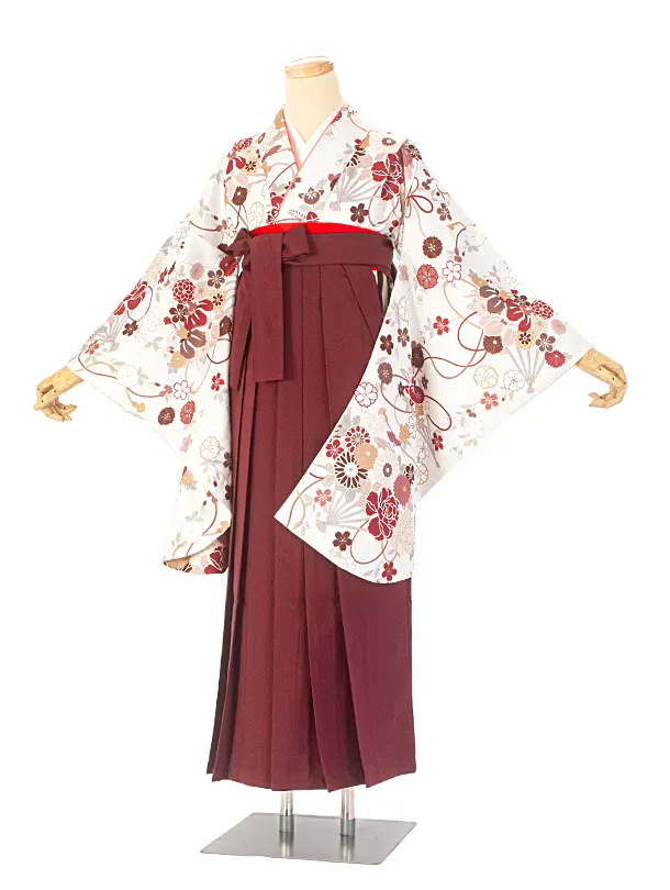 卒業式袴 D0048 ホワイト 花扇 水引 × エンジ無地袴