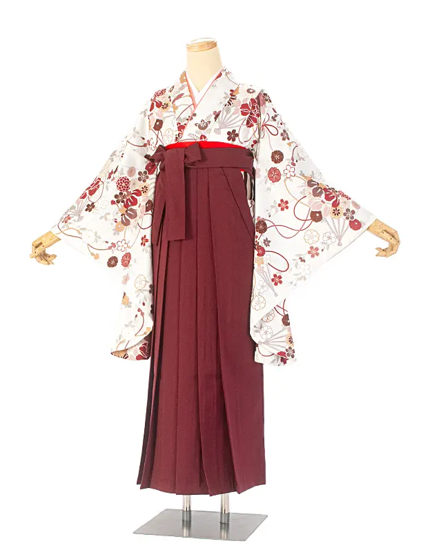 卒業式袴 D0048 ホワイト 花扇 水引 × エンジ無地袴