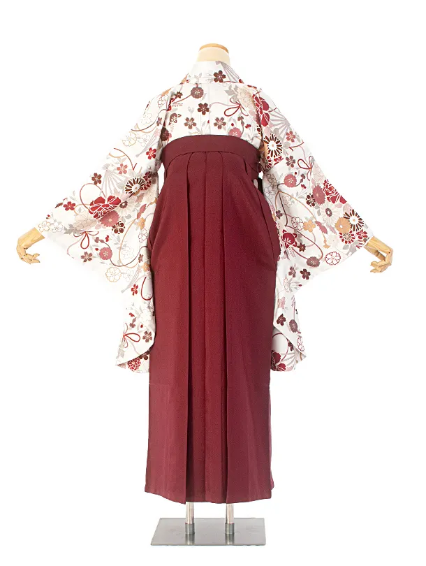 卒業式袴 D0048 ホワイト 花扇 水引 × エンジ無地袴