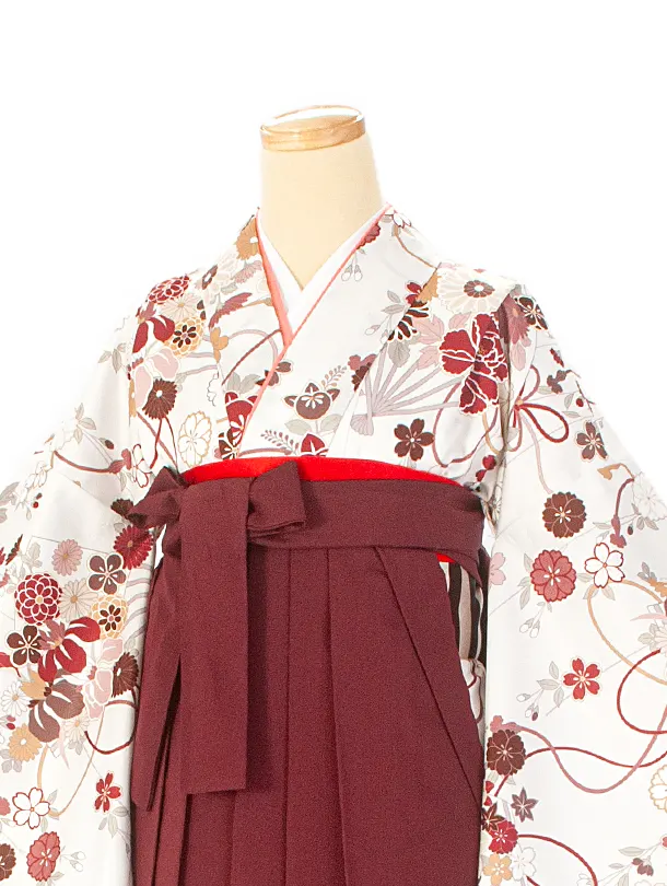 卒業式袴 D0048 ホワイト 花扇 水引 × エンジ無地袴