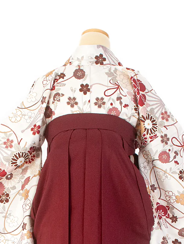 卒業式袴 D0048 ホワイト 花扇 水引 × エンジ無地袴