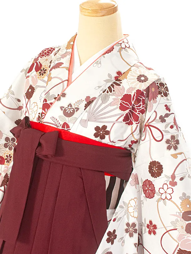 卒業式袴 D0048 ホワイト 花扇 水引 × エンジ無地袴