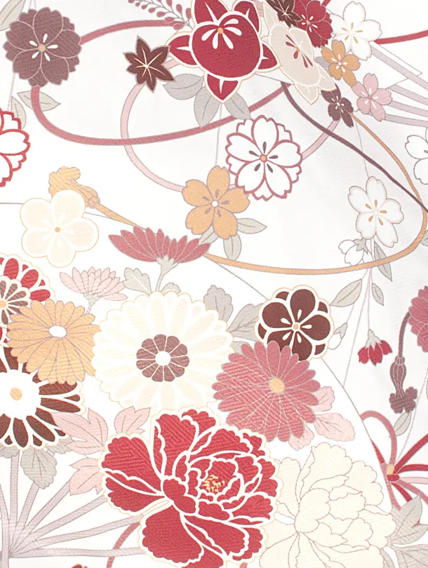 卒業式袴 D0048 ホワイト 花扇 水引 × エンジ無地袴