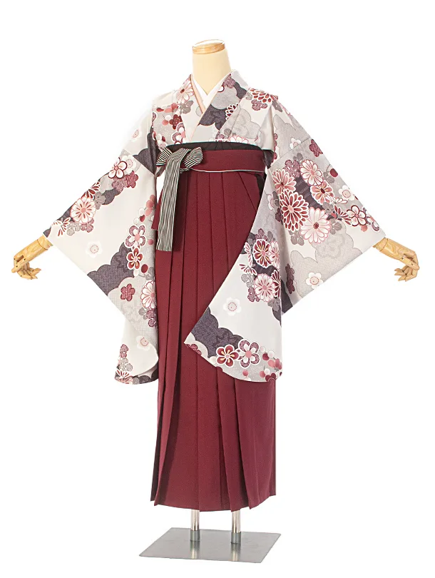 卒業式袴 D0049 グレージュ 雲取り 花×エンジストライプ袴