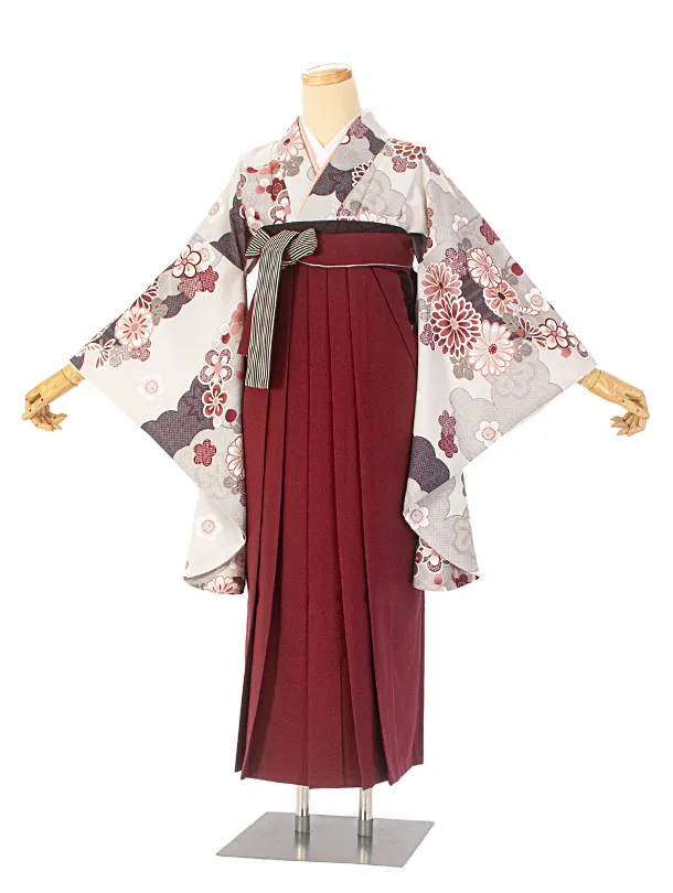 卒業式袴 D0049 グレージュ 雲取り 花×エンジストライプ袴