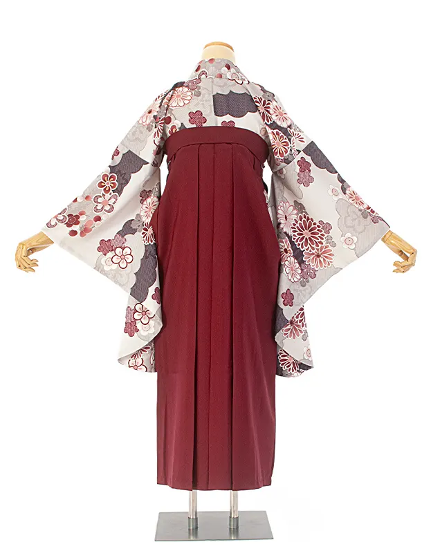 卒業式袴 D0049 グレージュ 雲取り 花×エンジストライプ袴