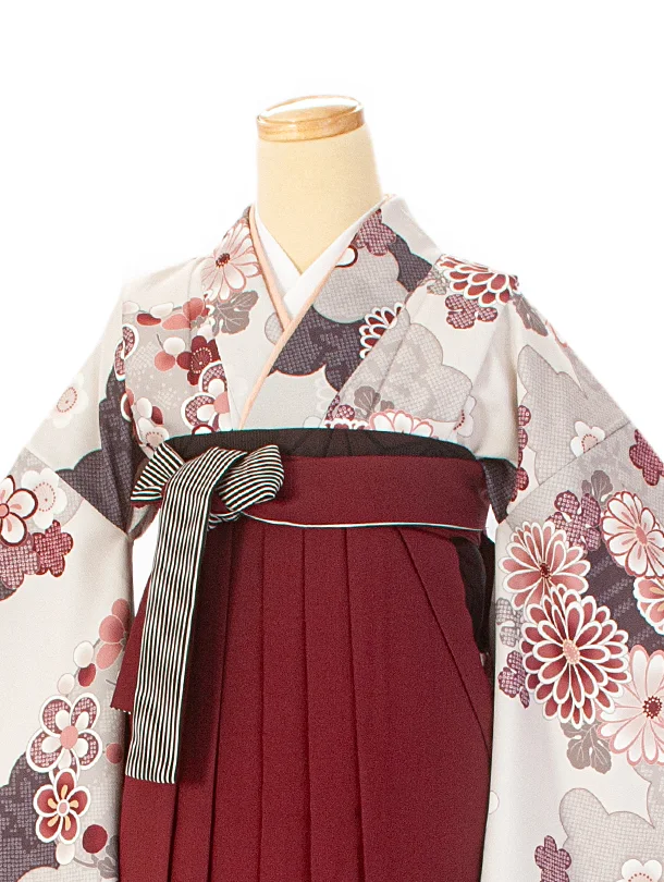 卒業式袴 D0049 グレージュ 雲取り 花×エンジストライプ袴