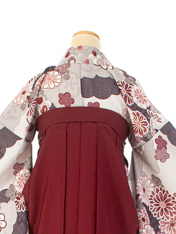 卒業式袴 D0049 グレージュ 雲取り 花×エンジストライプ袴