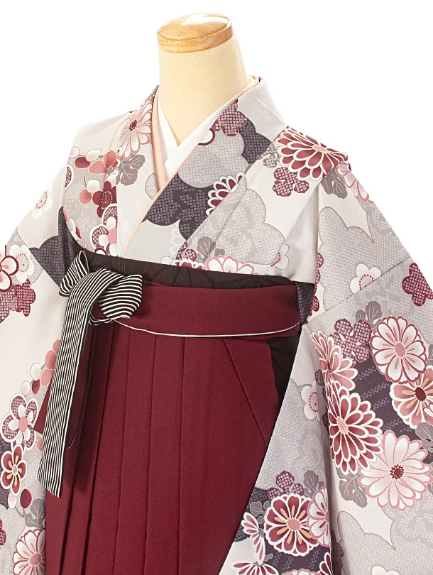 卒業式袴 D0049 グレージュ 雲取り 花×エンジストライプ袴