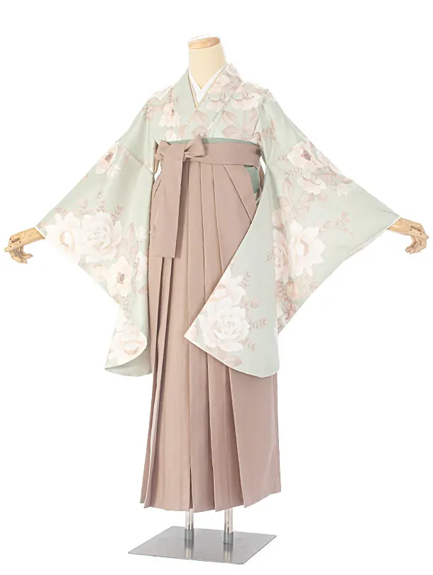 卒業式袴 D0050 淡いミントグリーン 牡丹×薄茶袴