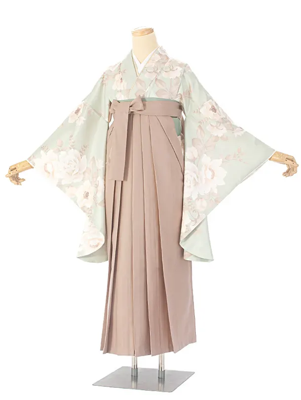 卒業式袴 D0050 淡いミントグリーン 牡丹×薄茶袴