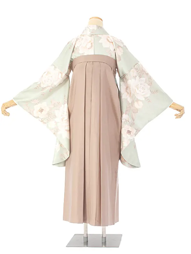 卒業式袴 D0050 淡いミントグリーン 牡丹×薄茶袴