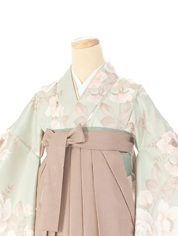 卒業式袴 D0050 淡いミントグリーン 牡丹×薄茶袴