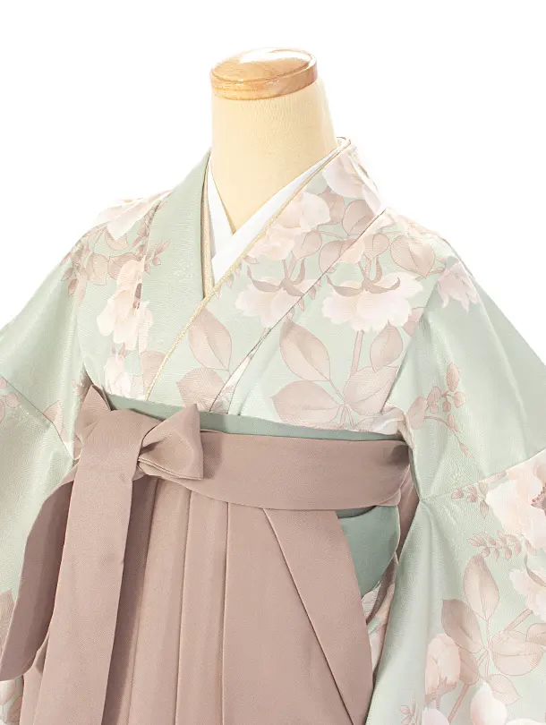 卒業式袴 D0050 淡いミントグリーン 牡丹×薄茶袴