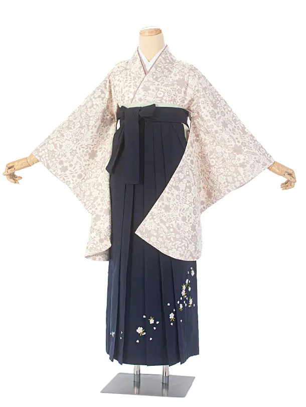 卒業式袴 D0051 白 花柄小紋×紺袴