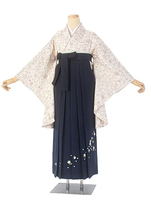 卒業式袴 D0051 白 花柄小紋×紺袴