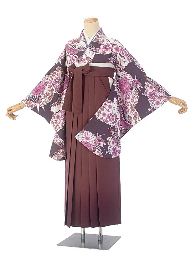 卒業式袴 D0052 ボルドー 扇 梅 百華×ブラウンぼかし袴