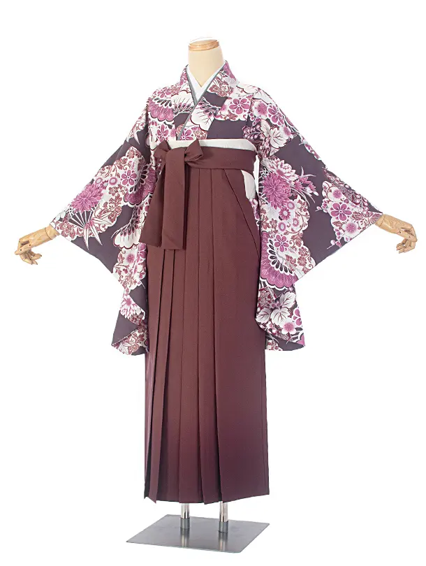 卒業式袴 D0052 ボルドー 扇 梅 百華×ブラウンぼかし袴