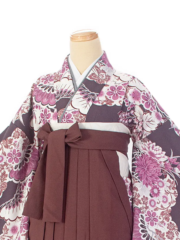 卒業式袴 D0052 ボルドー 扇 梅 百華×ブラウンぼかし袴