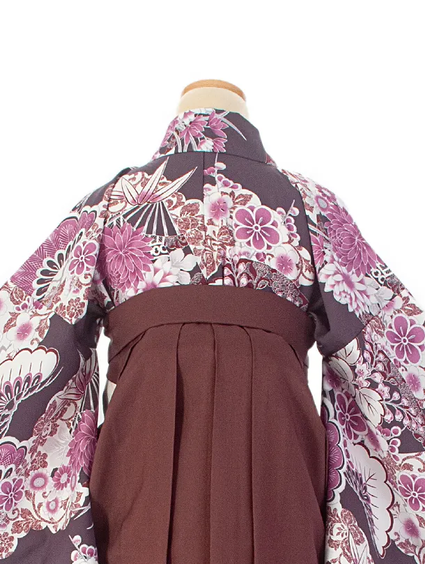 卒業式袴 D0052 ボルドー 扇 梅 百華×ブラウンぼかし袴