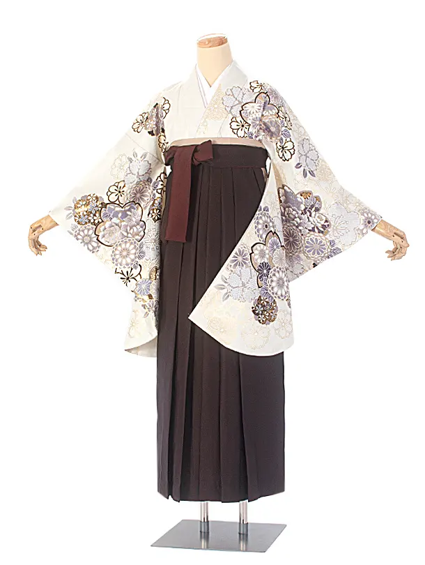 卒業式袴 D0055 絵羽 白 菊と桜着物×こげ茶