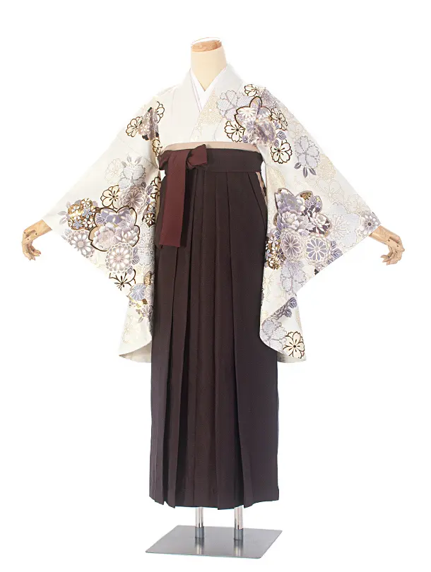 卒業式袴 D0055 絵羽 白 菊と桜着物×こげ茶