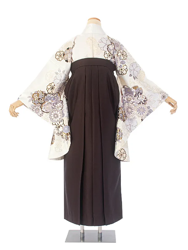 卒業式袴 D0055 絵羽 白 菊と桜着物×こげ茶