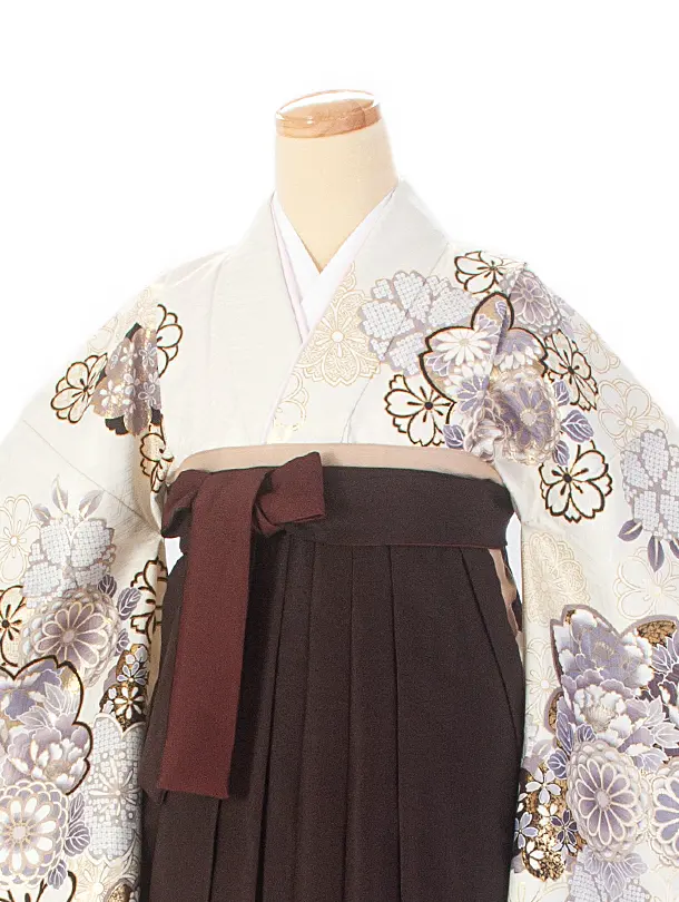 卒業式袴 D0055 絵羽 白 菊と桜着物×こげ茶